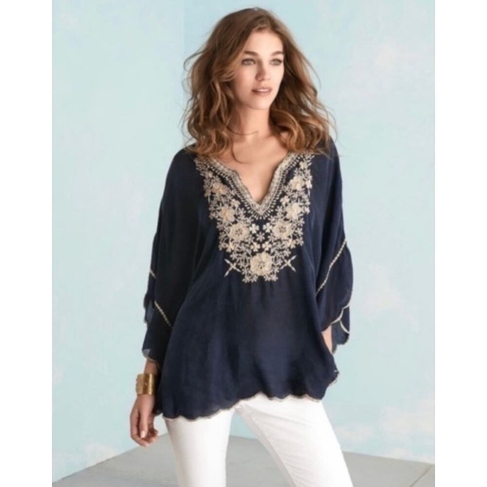 Johnny Was Blouse Large Embroidered Georgette Kimono Navy Floral Boho Resort